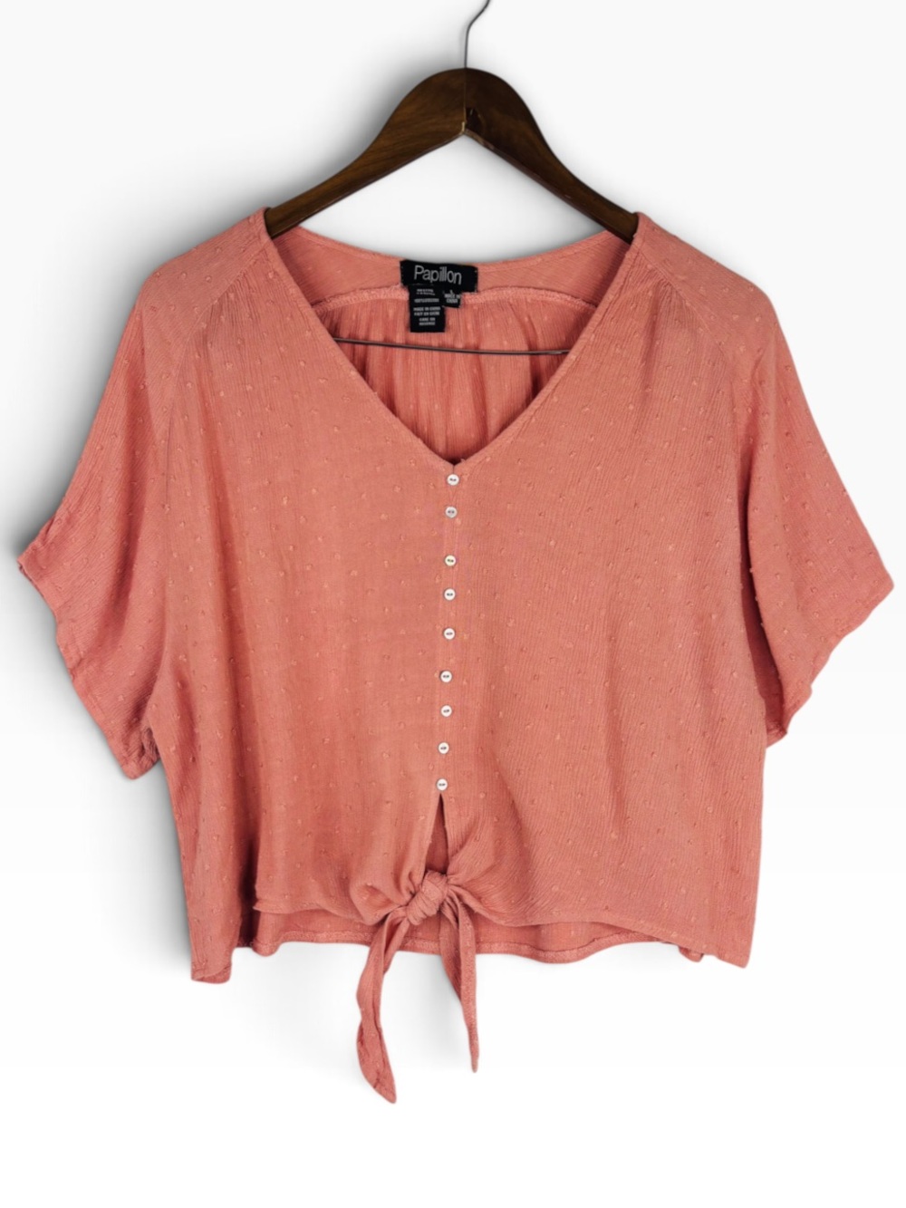 Papillon Coral Pink Faux Button Short Sleeve Close Tied Hem Cropped V-Neck Top L
